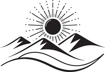 Minimal black vector silhouette of rising sun with rays above hills, symbolizing hope, new beginnings, sunrise, optimism, nature, landscape, light, energy, positivity, dawn, inspiration, and growth co