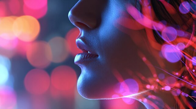 Abstract female profile illuminated by futuristic digital network light trails and bokeh