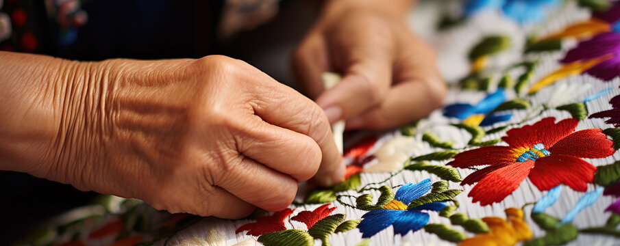 Artisanal hand embroidery with vibrant flower patterns on fabric during a craft session