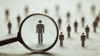 Magnifying glass searching for a person in a crowd of silhouettes