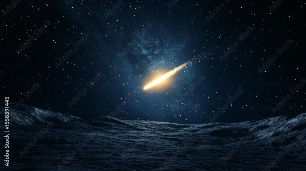 Poster bright meteor streaking across dark starry sky, illuminating barren planetary landscape with intense