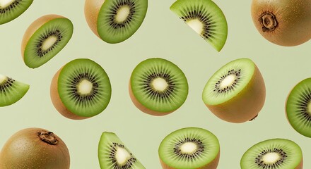 Fototapeta premium Fresh Kiwi Fruit Slices Floating on Pastel Green Background
