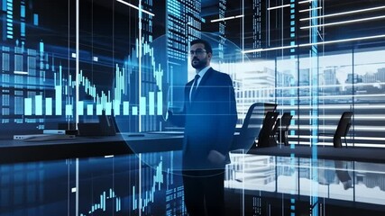 Financial analyst examining stock market trends in a modern office setting, for business - Powered by Adobe