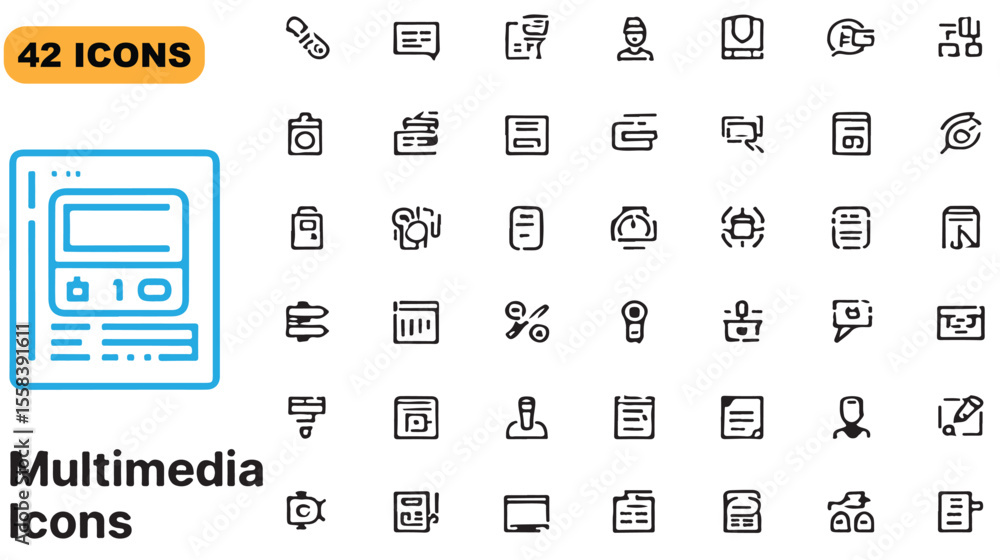 Poster set of 42 multimedia and technology icons in simple outlined style for various uses
