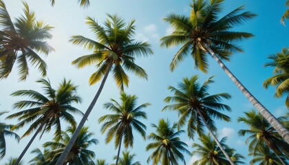 Aerial View of Tall Coconut Tree Canopies Swaying in Tropical Summer Breeze – Island Paradise Vibes, Lush Greenery, and Relaxing Nature Overhead Scene