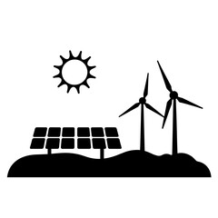 Silhouette of solar panels and wind turbines, renewable energy diversity
