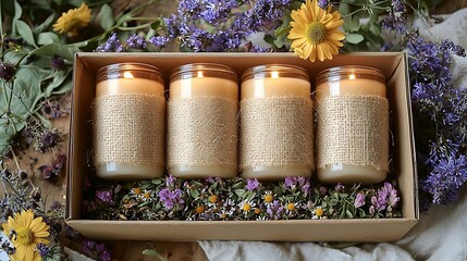 Four elegantly arranged candles in a rustic box surrounded by vibrant flowers and greenery