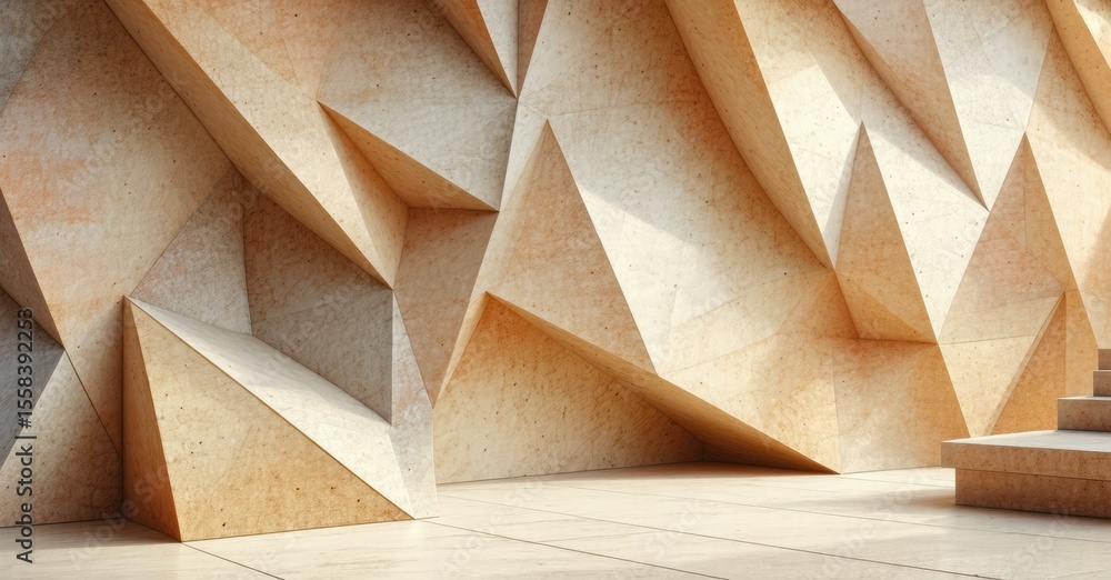 Poster geometric wall design. light creates sharp shadows, highlighting texture. minimalist space, warm ton