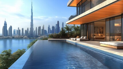 Fototapeta premium Luxury rooftop pool experience with breathtaking panoramic views of dubai's iconic skyline and the majestic burj khalifa, captured in stunning hyperrealistic detail and cinematic 8k ultra hd quality.