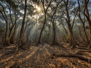 Obraz premium Tropical forest in winter dry season with pale sun above sparse canopy and exposed dry ground covered in fallen leaves and brittle branches, the high-resolution image reveals muted