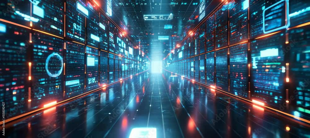 Poster Virtual digital space portal. Data network wireless. Generative video AI technology.	

