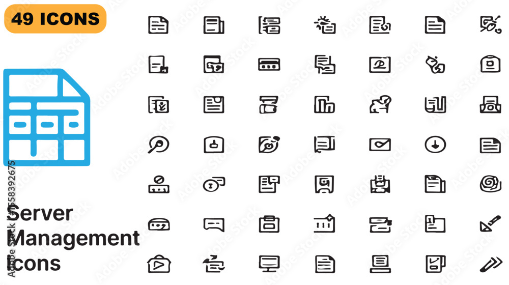 Poster collection of forty-nine server management icons in a clean and simple outline style