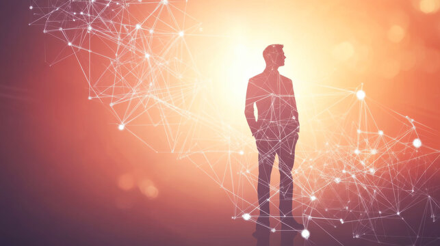 Silhouette of a businessman contemplating data connections in a modern digital landscape