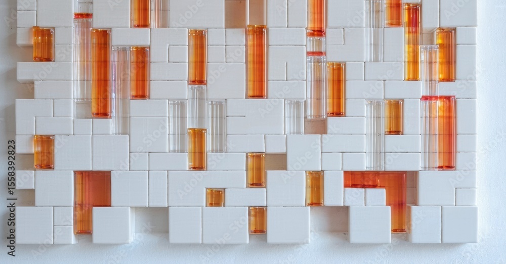 Aufkleber Rectangular wall art. White blocks interspersed with orange glass tubes, creating abstract pattern. Minimalist design, modern aesthetic.