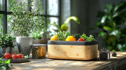 Fresh fruits and vegetables displayed in a stylish bamboo container on a rustic table in a bright kitchen