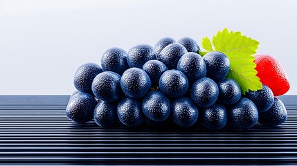 Fresh bunch of dark grapes with a green leaf and a red berry on a sleek surface