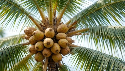 Young Nam-Hom Coconut Bunch on Coconut Palm Tree &ndash; Fragrant Tropical Perennial Plant for Refreshing Natural Drinks, Uplifted Angle View in Lush Environment