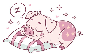 Vector cute Pig cartoon character, sleeping pose, peaceful expression, cozy atmosphere, pastel colors, gentle shading, isolated on white background