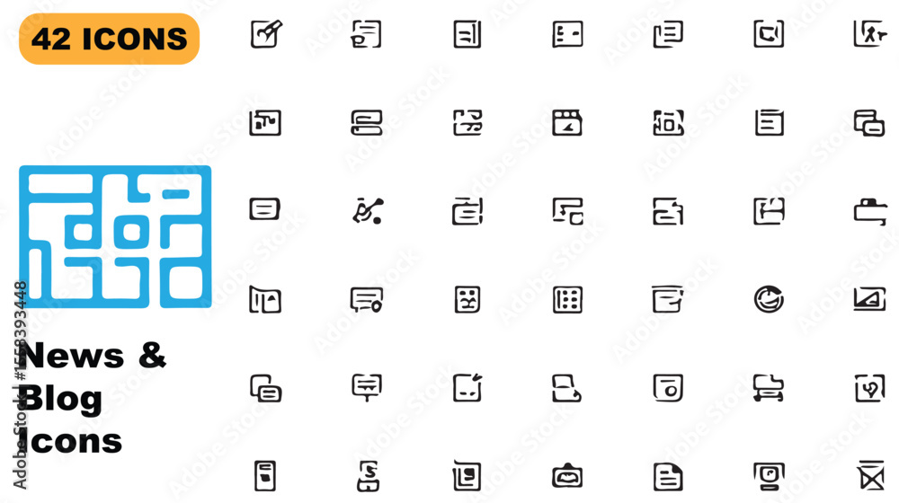 Poster collection of 42 minimalist news and blog icons for web design and user interface elements