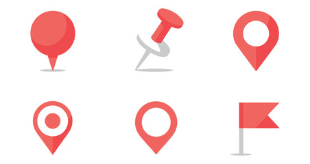 Set of red location and navigation icons including pin, pushpin, marker, target, flag, and map pointer for digital maps and interfaces