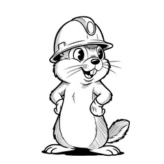A smiling beaver stands confidently with a construction helmet, hands on hips, radiating cheerful energy.