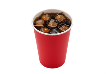 Refreshing cold beverage in a red paper cup with ice cubes Isolated on transparent background