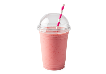 Refreshing strawberry smoothie served in a clear plastic cup with a striped straw Isolated on transparent background