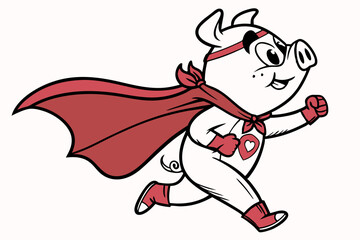 Obraz premium Vector cute Pig cartoon character, superhero pose, wearing a tiny cape, determined expression, comic book style, strong colors, isolated on white background