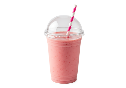 Refreshing strawberry smoothie served in a clear plastic cup with a striped straw Isolated on transparent background