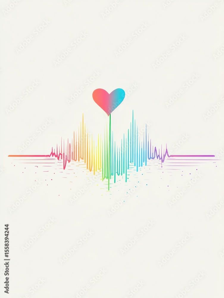 Poster heartbeat line in vibrant rainbow colors culminating in a soft heart shape on light background