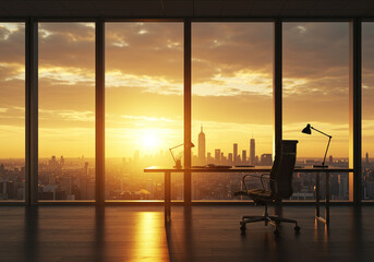 Naklejka na ściany i meble Sunrise Cityscape View from Modern Office