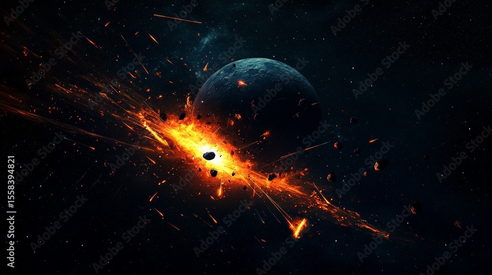 Poster Meteorites exploding upon impact with a planet create a stunning cosmic collision, unleashing fire, sparks, and dark matter in the vastness of the universe