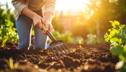 Woman gardening in sunny garden