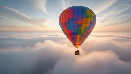 Fototapeta premium Colorful Hot Air Balloon Soaring Above a Sea of Clouds at Sunrise