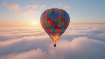 Obraz premium Colorful Hot Air Balloon Soaring Above a Sea of Clouds at Sunrise