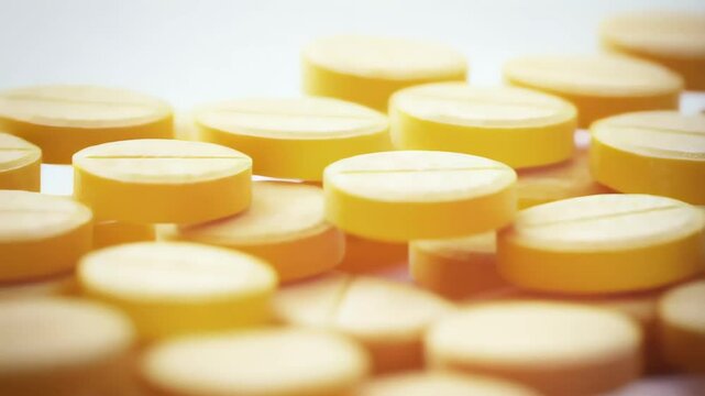 Yellow pharmaceutical tablets neatly aligned, showcasing smooth surface and consistent color. Geometric arrangement emphasizing systematic organization with clean, symmetrical design
