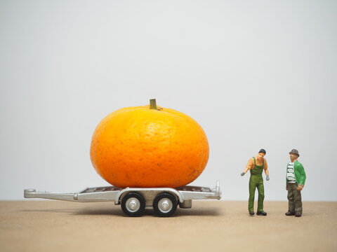 Mini toy of action figure at table with blurred background. Miniature photography concept design. Minifigure of farmer character with orange fruit at truck. - Powered by Adobe