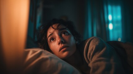 Obraz premium a young woman with insomnia, lying awake at night under warm ambient light, reflecting emotional tension and urban solitude.