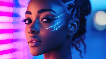 A cyberpunk-inspired woman with digital tattoos and neon accents