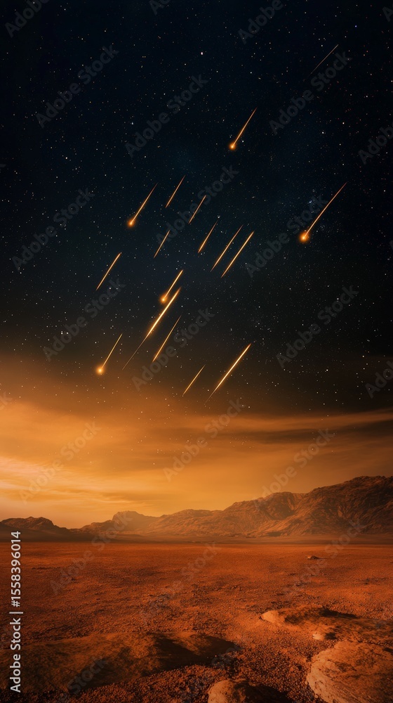 Poster meteor shower illuminating the night sky over a desolate, rocky landscape, creating a breathtaking c
