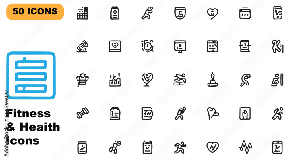 Poster set of fifty fitness and health icons with outline style for web and print design