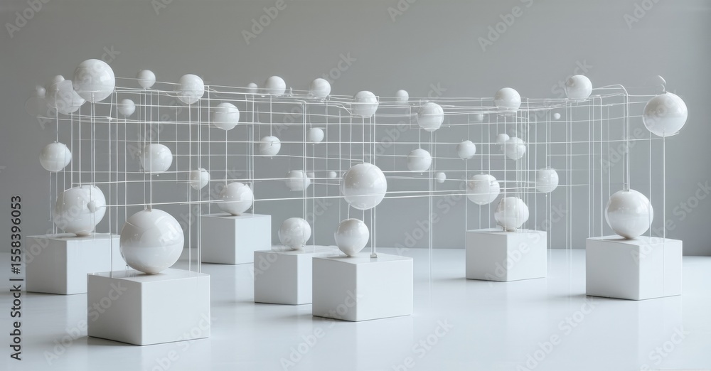 Poster minimalist sculpture. white spheres rest upon cubes within wireframe structure. clean lines, geometr
