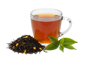 A clear glass cup of tea with fresh tea leaves and tea leaves pile Isolated on transparent background
