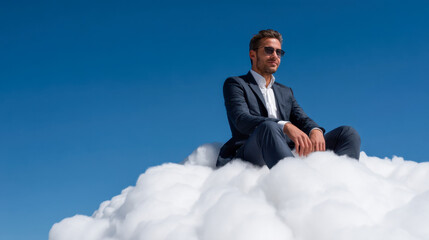 Confident businessman embodies success while sitting on a fluffy cloud in a clear blue sky