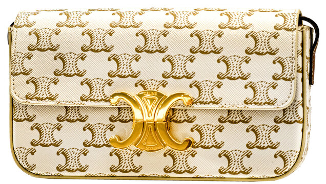 Celine handbag in white printed canvas and golden triomphe clasp.Milan - italy,30 June 2025