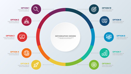 Circle chart infographic template with 10 options for presentations