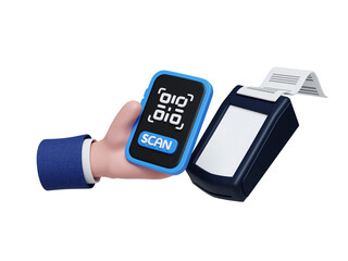 Digital payment technology innovation showing a handheld scan device. 3D render illustration