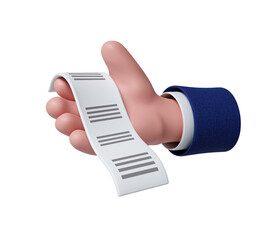 Digital payment innovation emphasizing a hand holding a receipt. 3D render illustration