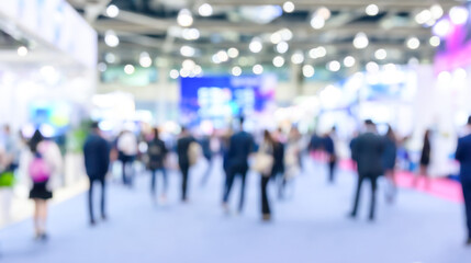 People interacting in a large international exhibition hall during a trade show event