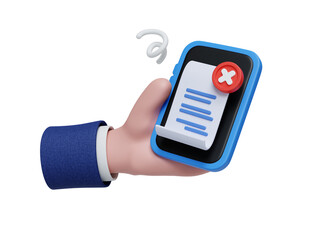 Digital payment technology illustration with handheld device displaying an error message. 3D render illustration